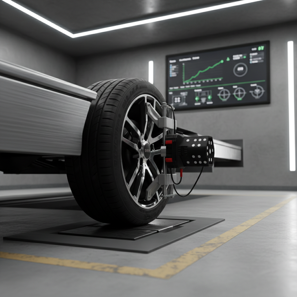 A detailed scene of a modern wheel alignment station featuring a dark alloy wheel mounted on a lift, with precise alignment sensors attached to the rim. The lift’s brushed metal surface contrasts with the smooth, clean concrete floor marked with subtle safety lines in muted yellow. Behind, a large, wall-mounted digital screen displays crisp, green and white alignment graphs and numbers on a dark interface. Cool, neutral workshop lighting from above provides consistent illumination, creating faint, controlled shadows under the equipment. Captured at a low, side angle with the wheel in sharp focus and the screen slightly softened in the background, the image conveys a mood of technical accuracy, efficiency, and transparent measurement within a sleek, professional, photographic style.