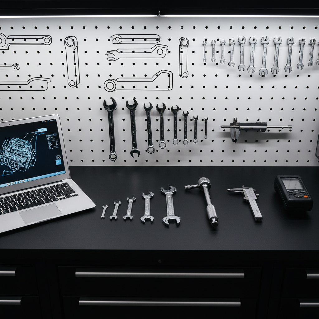 An immaculate workbench scene in an automotive repair office area, featuring a laid-out arrangement of high-quality hand tools: chrome wrenches, torque wrench, digital caliper, and a compact diagnostic scanner, all aligned on a smooth, matte black work surface. To one side, a slim, open laptop displays a schematic of a car system in subtle blues and grays. The background includes a neatly organized pegboard with silhouettes for each tool, all complete and in place. Soft, even LED task lighting from above casts subtle, crisp shadows, highlighting clean lines and metal textures. Shot from a slightly elevated angle using a shallow depth of field, the composition feels structured, calm, and highly professional, reinforcing a brand image of methodical, transparent, and reliable automotive service.