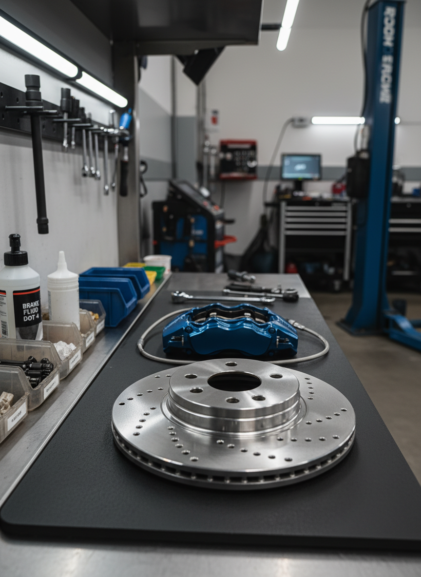 A spotless brake repair station inside a modern workshop, focusing on a detached ventilated brake disc and caliper assembly resting on a padded, dark rubber work mat. The disc’s precision-drilled holes and finely machined edges catch subtle reflections from overhead cool white LED strip lights. Nearby, labeled containers for brake fluid and small components are aligned in an orderly fashion on a stainless steel shelf. The surrounding workshop elements fade into a soft blur of neutral grays and metallic tones. Captured from a close, side-on macro perspective, the composition emphasizes texture and detail while maintaining a clean, structured aesthetic. The mood is precise, technical, and dependable, ideal for communicating expertise in critical safety-related automotive repairs.