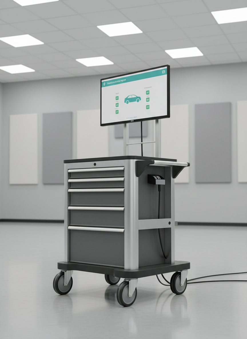 A sophisticated diagnostic corner in an automotive workshop highlighting a tall, wheeled diagnostic cart with a large, slim monitor on top, displaying a clean, teal-and-white vehicle health report interface. Below, drawers with brushed metal handles are closed and aligned, emphasizing order. Cables are neatly routed through cable guides with no clutter on the polished light-gray floor. The background shows a neutral wall with subtle acoustic panels in soft gray and white. Overhead, diffused LED lighting creates a bright yet gentle ambiance with minimal shadows. Shot from a slightly low, three-quarter angle, the cart dominates the foreground with crisp focus while the background is mildly softened. The photographic realism, clean lines, and muted palette communicate high-tech capability, clarity, and professional transparency in automotive diagnostics.