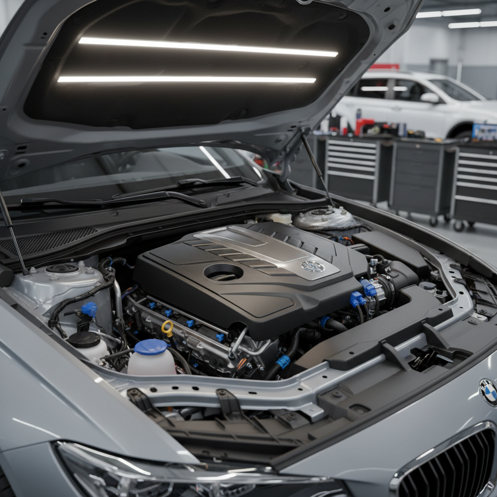 A close-up, photographic view of a sleek automotive engine bay with the hood open, revealing a spotless, modern engine cover in matte black with subtle metallic accents. Color-coded cables and hoses are routed with perfect symmetry, and diagnostic connectors are clearly visible. The engine rests within a clean, painted chassis in neutral gray tones. Soft, diffused workshop lighting from overhead LEDs creates gentle reflections along the metal surfaces without harsh glare. The background falls into a mild, professional bokeh of other equipment, keeping the engine as the main focus. Shot from a slightly elevated three-quarter angle, the composition emphasizes order, precision, and technical competence, with a clean, corporate aesthetic that suggests reliable, transparent vehicle diagnostics and repair.