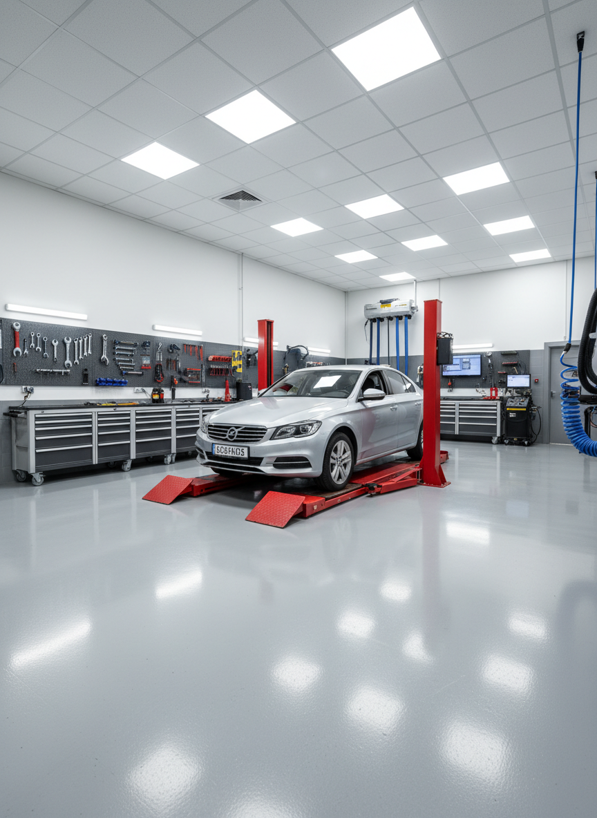 A meticulously organized automotive repair bay featuring a modern silver sedan parked centrally on a bright red hydraulic lift, wheels slightly elevated off a pristine gray epoxy floor. Around it, clean tool cabinets in matte graphite and white line the walls, each drawer neatly labeled. Overhead, cool white LED panel lights cast even, shadow-free illumination, emphasizing the glossy surfaces and clean lines. The background shows a structured wall of diagnostic equipment and neatly coiled hoses. Captured at eye level with a wide-angle lens, everything is in sharp focus, creating a professional, trustworthy mood. The photographic realism and neutral tones convey precision, transparency, and high-quality workmanship suitable for a corporate automotive service website.